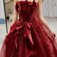 Burgundy tulle long prom dress A line evening dress  10146