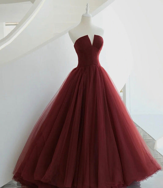 Burgundy tulle long prom dress A line evening gown  10563