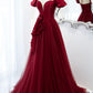 Burgundy satin tulle long prom dress evening dress  10598