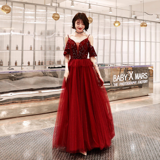 Burgundy v neck tulle sequins long prom dress, evening dress  10083