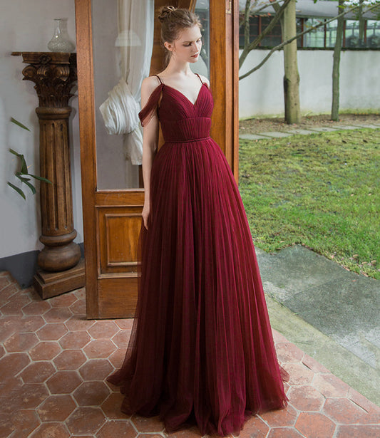 Burgund Tüll langes Ballkleid einfaches Abendkleid 8941