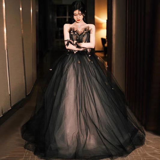 Black tulle long ball gown dress A line evening gown  10133