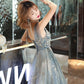 Gray tulle sequins long prom dress A line evening gown  10492