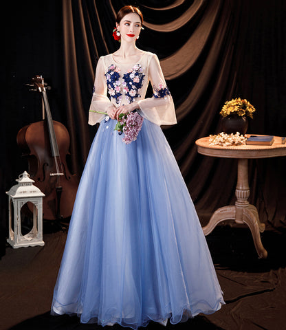 Blue tulle applique long prom dress blue evening dress  10534