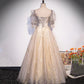 Champagne tulle sequins long prom dress evening gown  10004