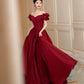 Burgundy satin long prom dress A line evening dress  10450