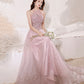 Pink tulle beads long prom dress A line evening gown  10299