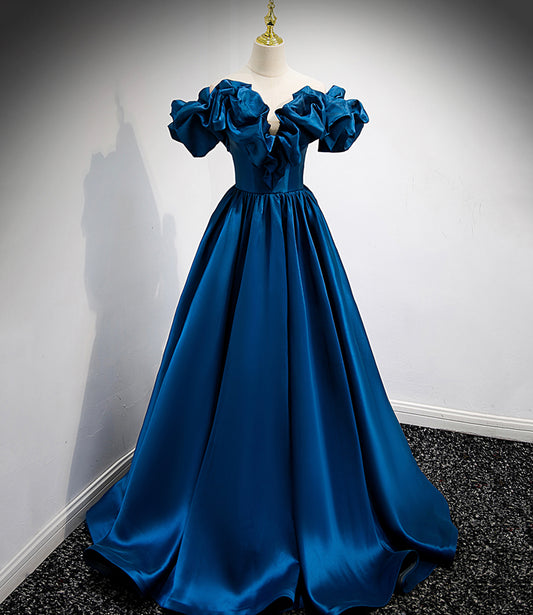 Blue satin long A line prom dress blue evening dress  8877