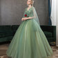 Green tulle lace long prom dress A line evening gown  10342