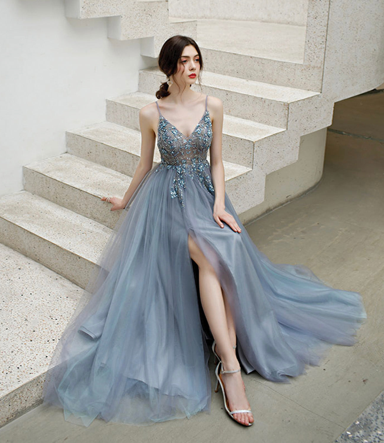 Gray tulle beads long prom dress A line evening dress  10579