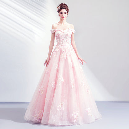 Pink tulle lace long prom gown formal dress  8259