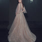 Champagne tulle lace long prom dress A line evening gown  10464