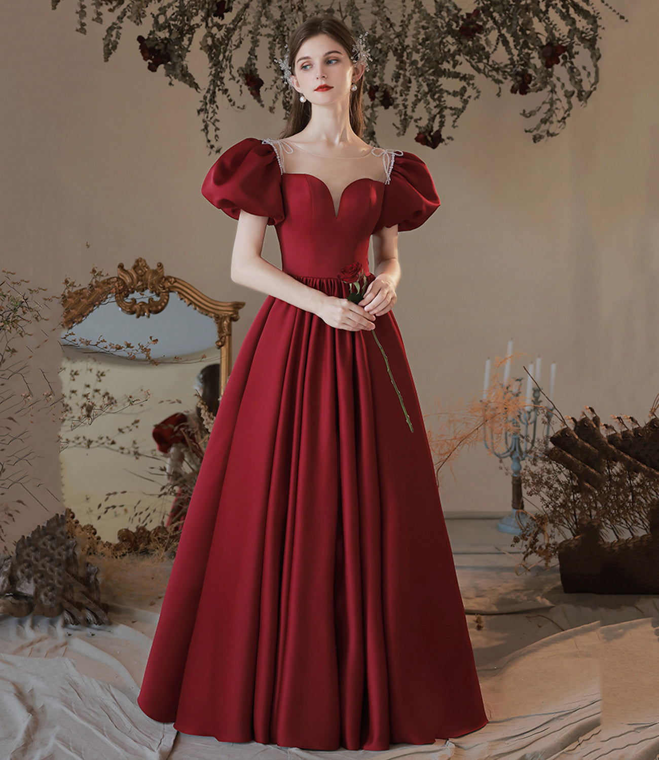 Burgund Satin langes Ballkleid Abendkleid 10473