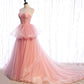 Pink tulle long prom dress A line evening gown  10012