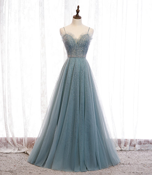 Blue tulle beads long prom dress A line evening dress  10501