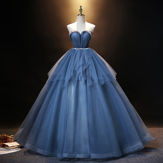 Blue tulle long A line prom dress blue evening dress  8909