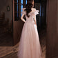 Pink tulle beads long prom dress A line evening dress  10487