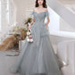 Gray tulle sequins long prom dress A line evening dress  10646