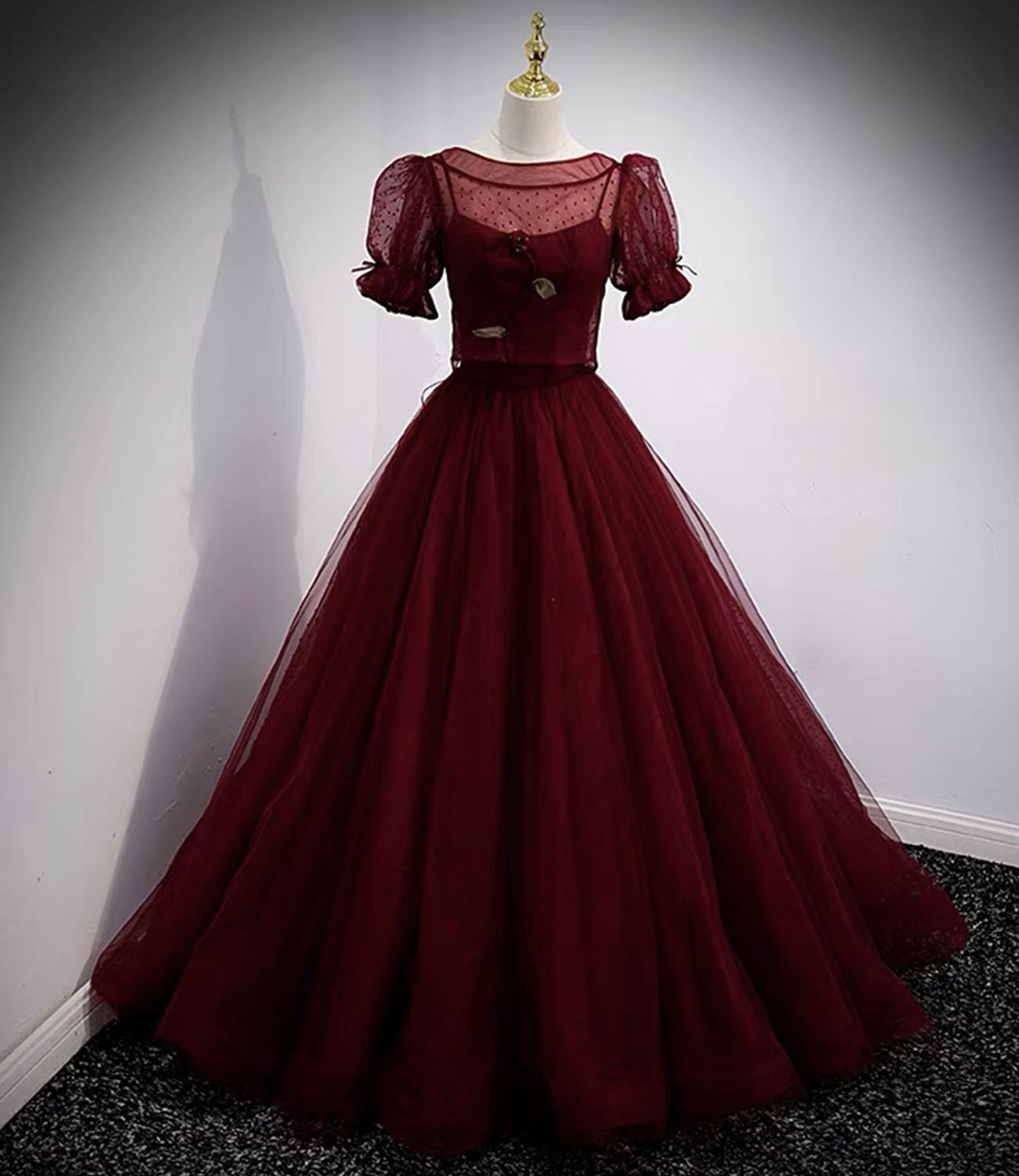 Burgundy tulle long prom dress two pieces evening dress  10328