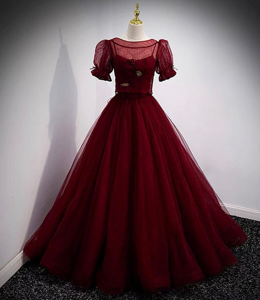 Burgund Tüll langes Ballkleid zweiteiliges Abendkleid 10328