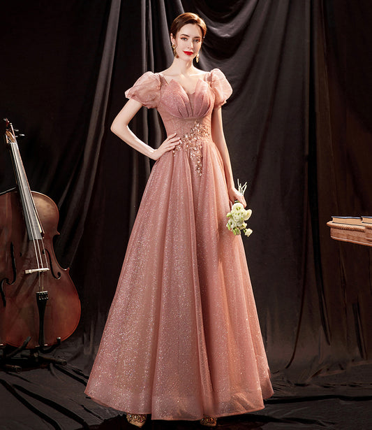 Pink tulle sequins long prom dress pink evening dress  10650