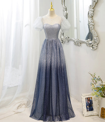 Gray tulle beads long prom dress A line evening dress  10483