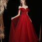 Burgundy tulle beads long prom dress A line evening gown  10428