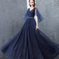 Blue tulle long prom dress A line evening dress  10377