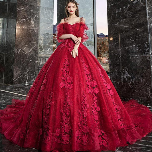 Robe de soirée longue en dentelle bordeaux, coupe A, 10099