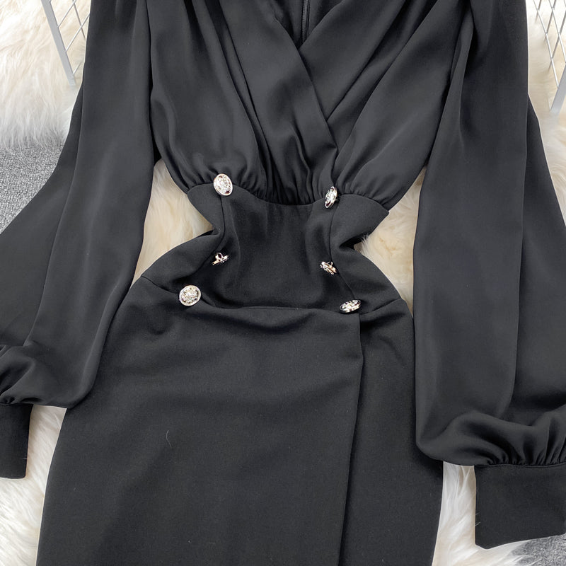 Black V Neck Long Sleeve Dress Fashion Dress  10843