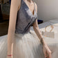 Gray tulle beads long prom dress A line evening dress  10514