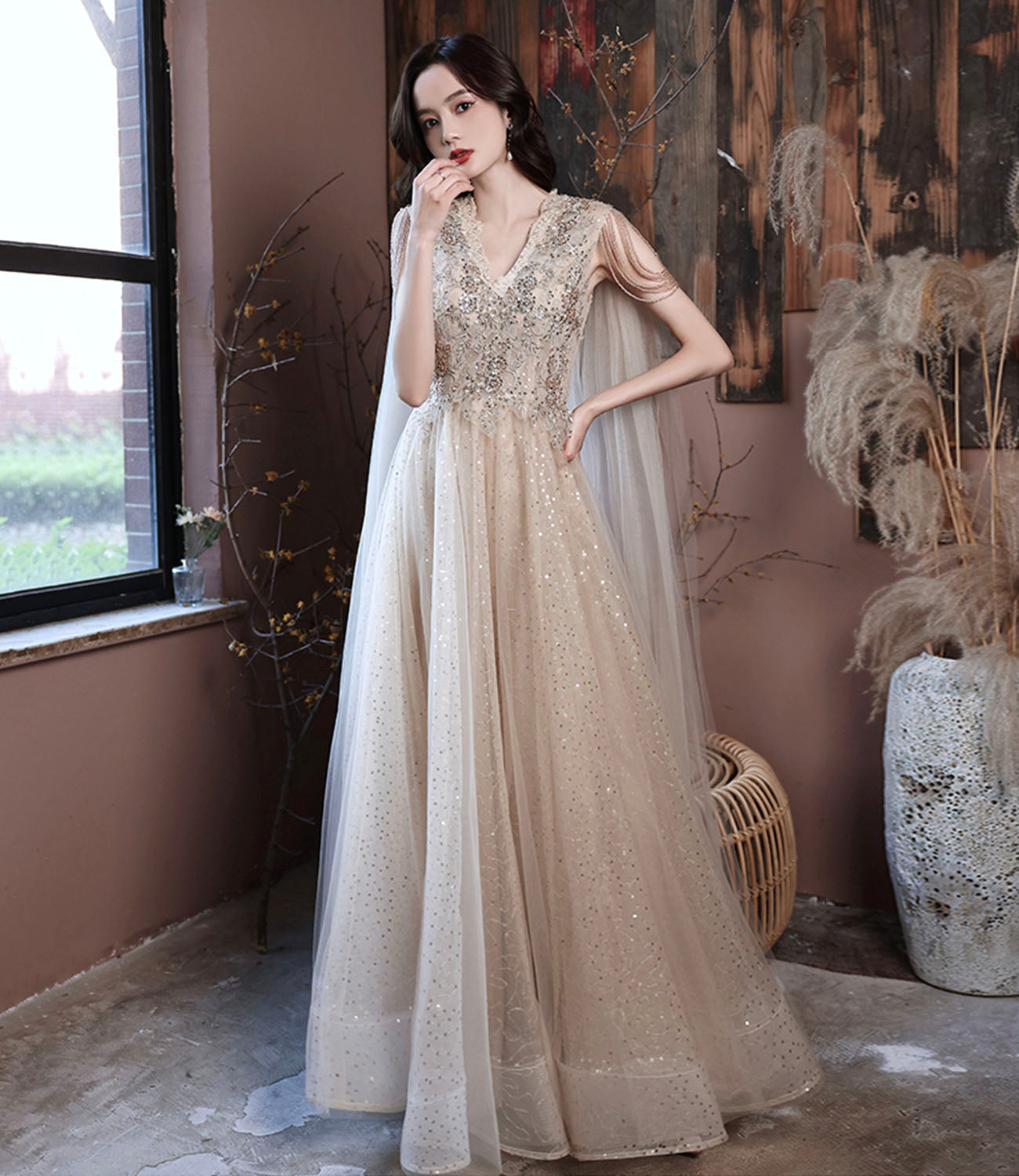 Robe de soirée longue en tulle à paillettes champagne 10605