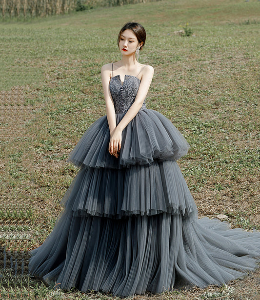 Gray tulle lace long ball gown dress formal dress  10306