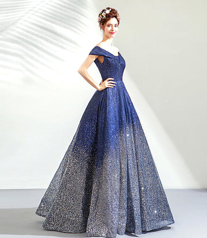 Blue sequins long ball gown dress blue evening dress  8513