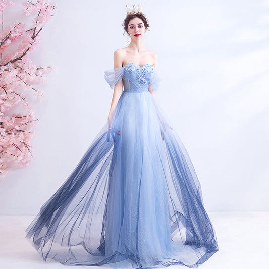 Blue tulle lace long prom dress party dress  8201