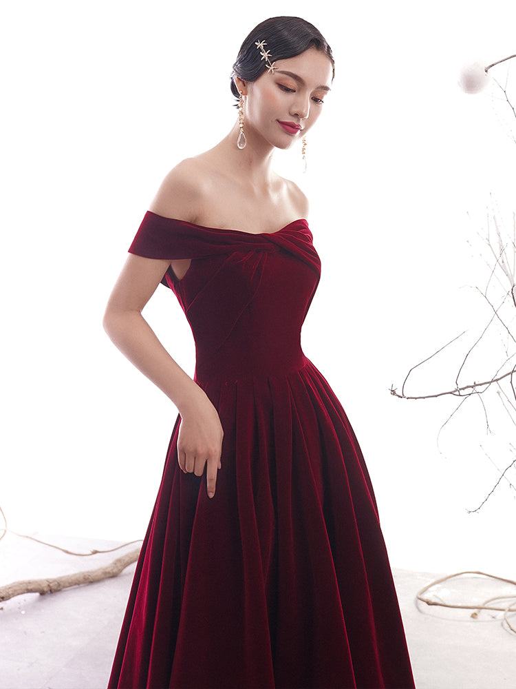 Burgundy velvet long prom dress formal dress  8264