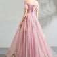 Pink tulle lace long prom dress evening dress  10623
