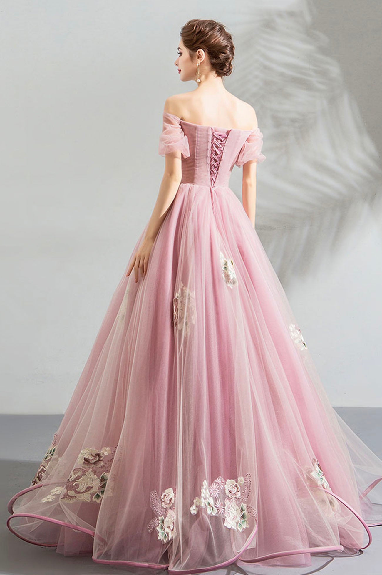 Pink tulle lace long prom dress evening dress  10623