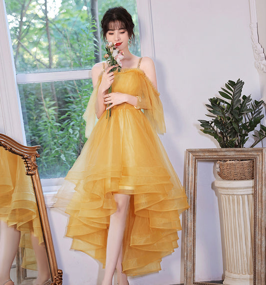 Yellow tulle short prom dress cockatil dress  8961