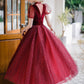 Burgundy tulle short prom dress A line evening dress  8647