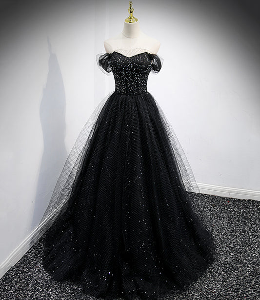 Black tulle long A line prom dress black evening dress  8863