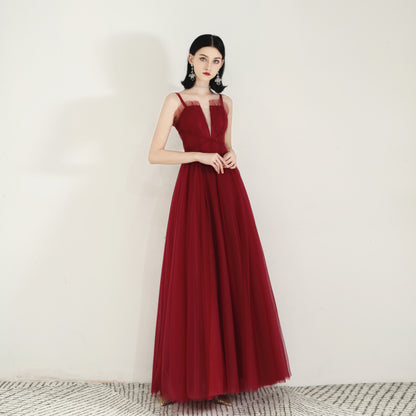 Burgundy tulle long prom dress  8168