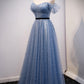 Blue tulle long A line prom dress evening dress  8686