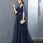 Blue tulle long prom dress A line evening dress  10377