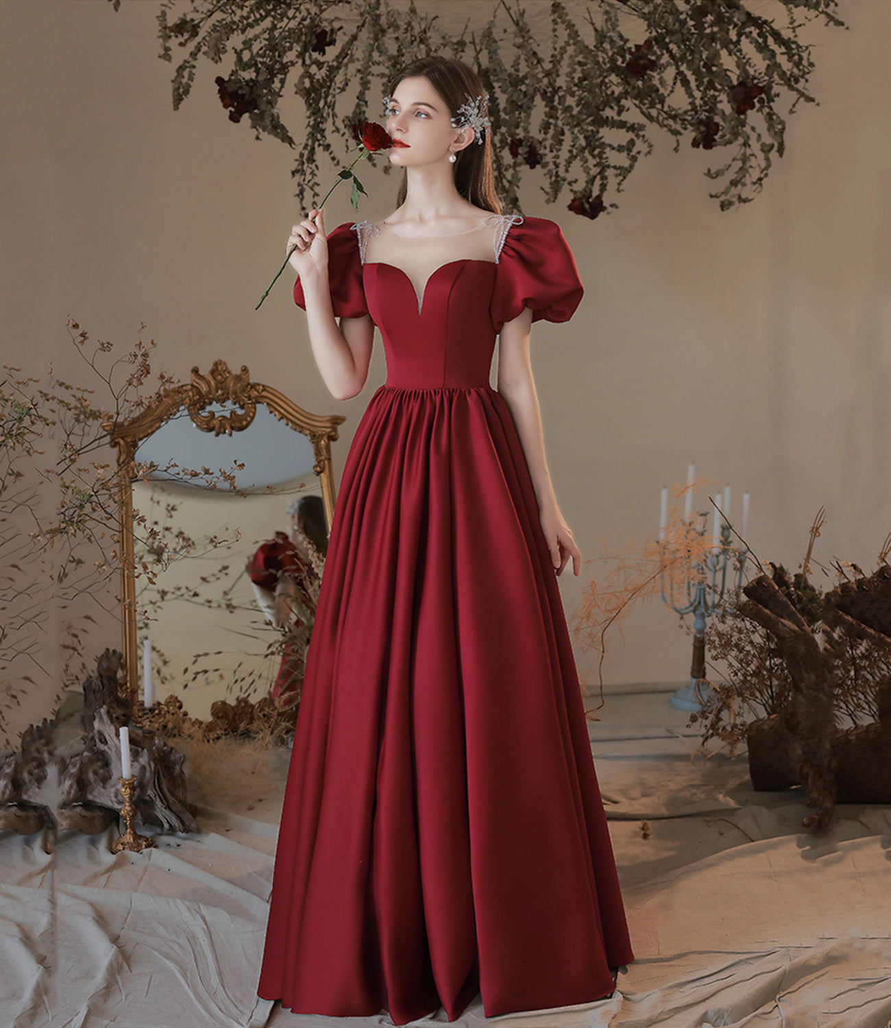 Burgund Satin langes Ballkleid Abendkleid 10473