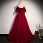 Burgundy tulle long prom dress A line evening gown  10009