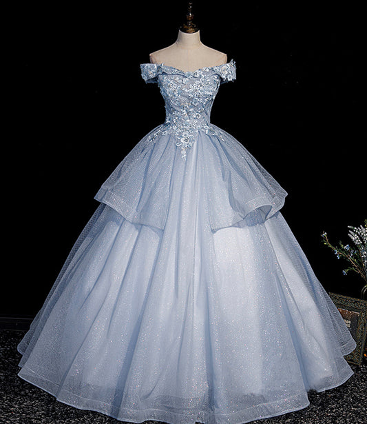 Blue tulle lace long ball gown dress formal dresses  10475