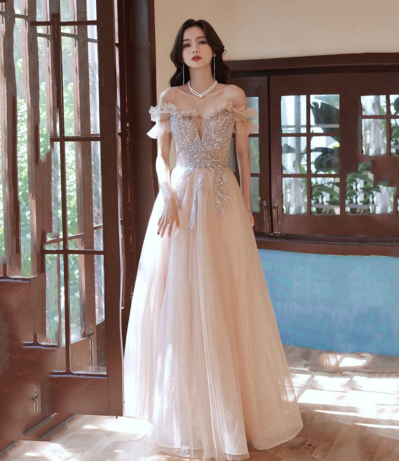 Robe de bal longue en tulle champagne Robe de soirée trapèze 10388