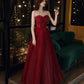 Burgundy tulle sequins long prom dress A line evening dress  10555