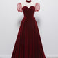 Cute velvet long prom dress burgundy A line evening dress  8652